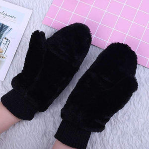 Planet Gates black / One Size Winter Thickened Cute Whole Covered Finger Mittens For Women Plush Gloves Fluffy Rabbit Dual-layer Hang On Neck Type Mittens
