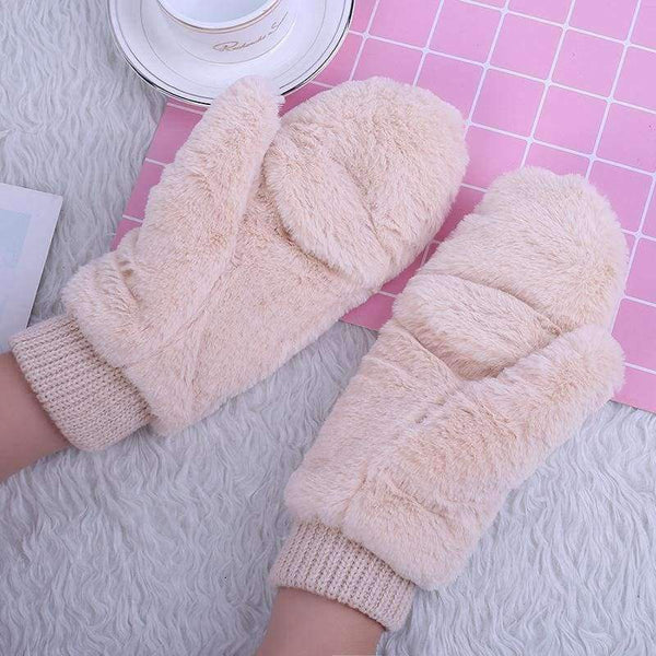 Planet Gates black / One Size Winter Thickened Cute Whole Covered Finger Mittens For Women Plush Gloves Fluffy Rabbit Dual-layer Hang On Neck Type Mittens