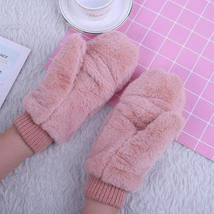 Planet Gates black / One Size Winter Thickened Cute Whole Covered Finger Mittens For Women Plush Gloves Fluffy Rabbit Dual-layer Hang On Neck Type Mittens