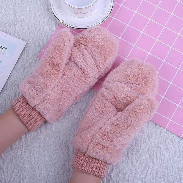 Planet Gates black / One Size Winter Thickened Cute Whole Covered Finger Mittens For Women Plush Gloves Fluffy Rabbit Dual-layer Hang On Neck Type Mittens