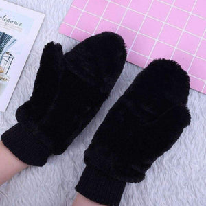 Planet Gates black / One Size Winter Thickened Cute Whole Covered Finger Mittens For Women Plush Gloves Fluffy Rabbit Dual-layer Hang On Neck Type Mittens