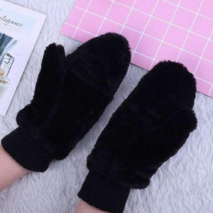 Planet Gates black / One Size Winter Thickened Cute Whole Covered Finger Mittens For Women Plush Gloves Fluffy Rabbit Dual-layer Hang On Neck Type Mittens