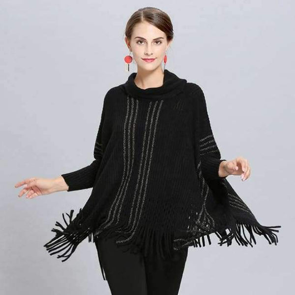 Planet Gates black / One Size Winter Women V Neck Batwing Stripes Fringed Stitching Irregular Tops Poncho Shawl Cape Sweater Blusas Femininas