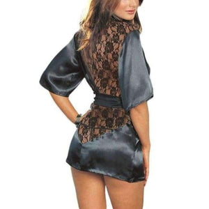 Planet Gates Black / One Size Women Imitation Silk intimate pyjamas 2/pcs Sets Robe + G-string underwear lace mesh slips dress sheer sexy lingerie half slips