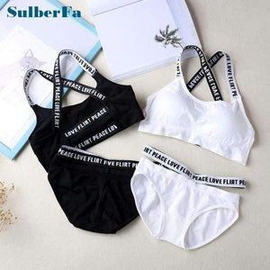 Planet Gates Black / One Size Women Letter Lounge Underwear Comfortable Wireless Loungewear Lingerie Bra Set Black and White Cotton Bras Sets