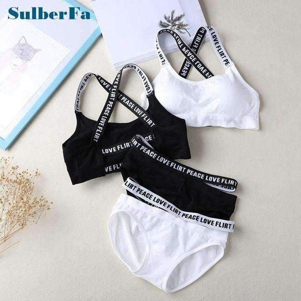 Planet Gates Black / One Size Women Letter Lounge Underwear Comfortable Wireless Loungewear Lingerie Bra Set Black and White Cotton Bras Sets