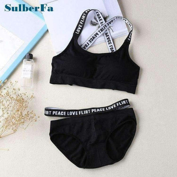 Planet Gates Black / One Size Women Letter Lounge Underwear Comfortable Wireless Loungewear Lingerie Bra Set Black and White Cotton Bras Sets