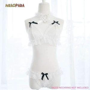 Planet Gates Black / One Size Women's Lingerie 2PCS Set Bra & Panties Set Transparent Lace Bikini Pearl Bows Cute Exotic Apparel Black & White