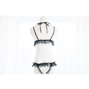 Planet Gates Black / One Size Women's Lingerie 2PCS Set Bra & Panties Set Transparent Lace Bikini Pearl Bows Cute Exotic Apparel Black & White