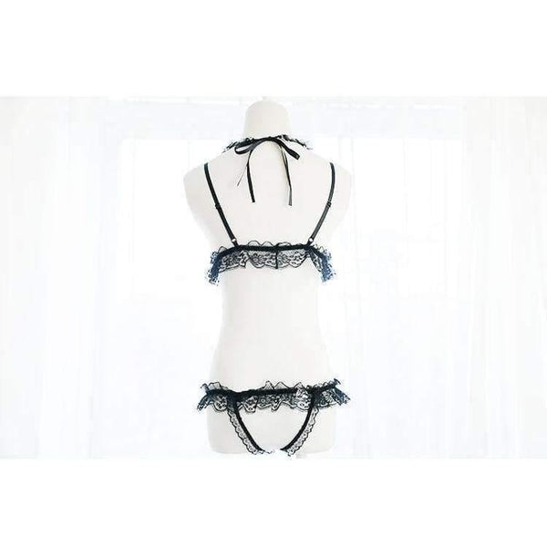 Planet Gates Black / One Size Women's Lingerie 2PCS Set Bra & Panties Set Transparent Lace Bikini Pearl Bows Cute Exotic Apparel Black & White