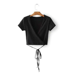 Planet Gates BLACK / One Size Wrap crop top women tops t shirt kawaii long sleeve v neck black white pink casual tshirt sexy ladies tees