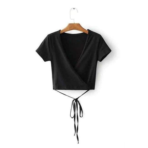 Planet Gates BLACK / One Size Wrap crop top women tops t shirt kawaii long sleeve v neck black white pink casual tshirt sexy ladies tees