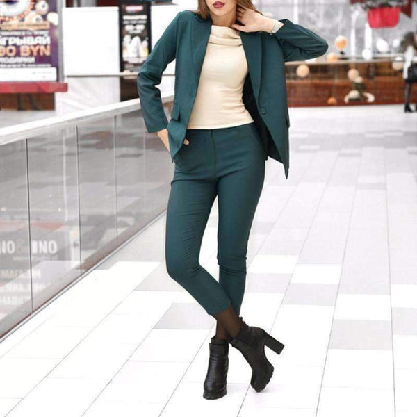 Planet Gates black pant suits / S Business Women Pencil Pant Suits 2 Piece Sets Black Solid Blazer + Pencil Pant Office Lady Notched Jacket Female Outfits