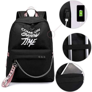 Planet Gates black pink Winmax Luminous USB Badge Women Backpack Fashion Letters Print School Bag Girls Teenager Chain Backpack Bolsa Mochilas Sac A Dos