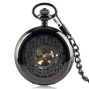 Planet Gates Black Pocket Watch Retro Silver Exquisite Necklace Classic Pendant Mechanical Hollow Women Skeleton Gift
