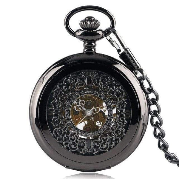 Planet Gates Black Pocket Watch Retro Silver Exquisite Necklace Classic Pendant Mechanical Hollow Women Skeleton Gift