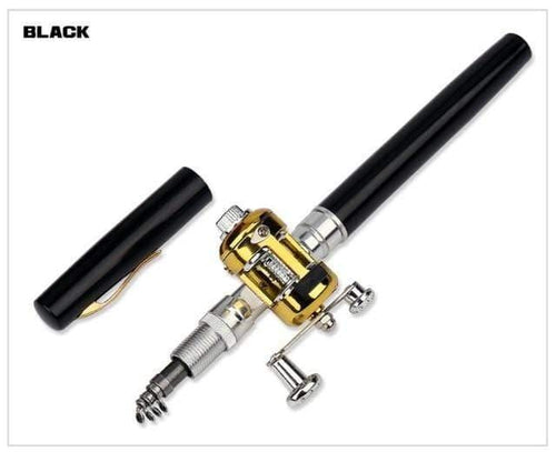 Planet Gates Black Portable Pocket Telescopic Mini Fishing Rod Pole Pen Shape Folded Fishing Rod With Reel Wheel For Outdoor River Lake Fishing