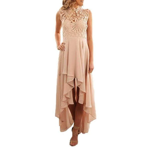 Floral Lace Bodice High Low Evening Party Dresses High Neck Sleeveless Sheer Flowy Draped Maxi Dress For Social Events