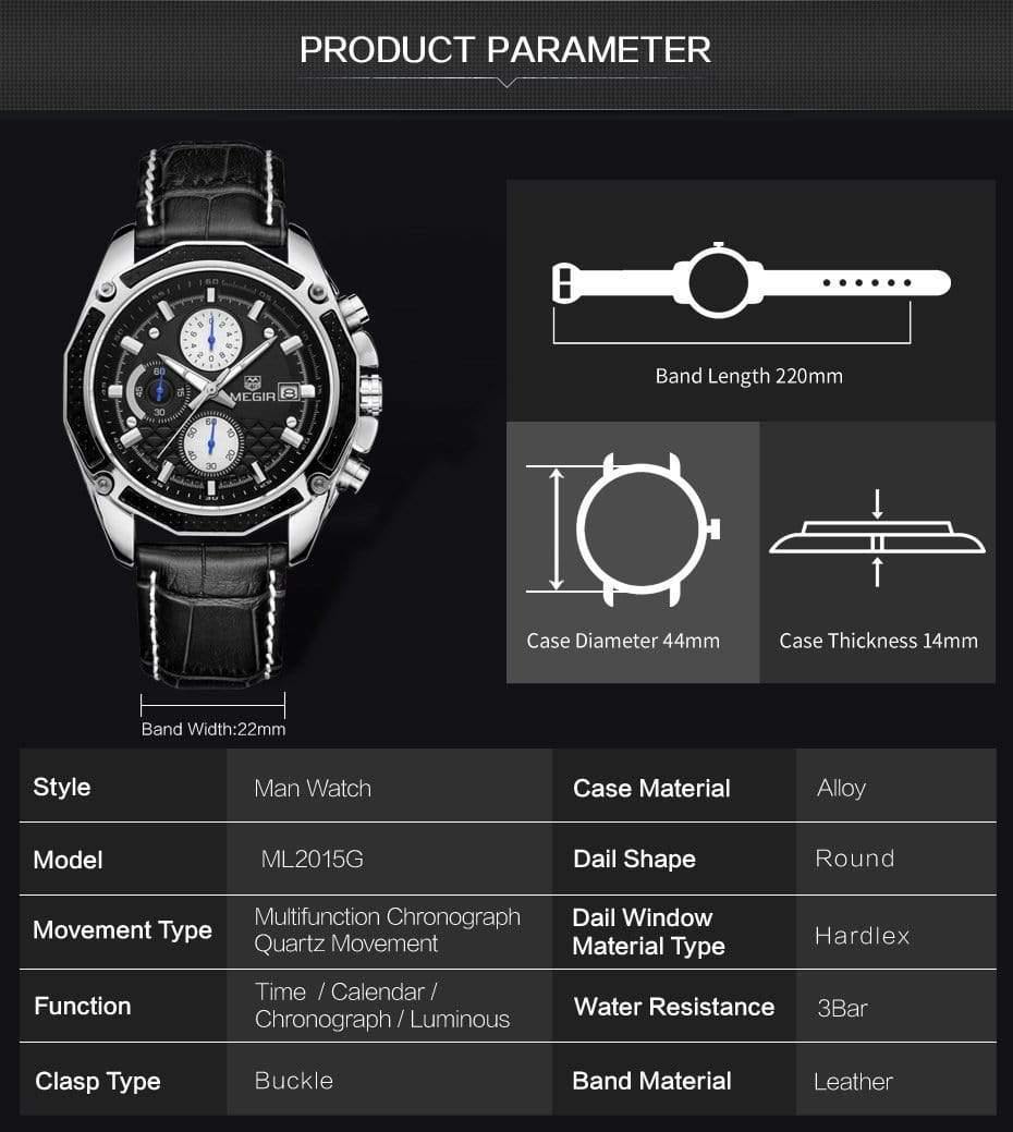 Planet Gates Black Quartz Men Watches Fashion Genuine Leather Chronograph Watch Clock for Gentle Men Male Students Reloj Hombre