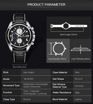 Planet Gates Black Quartz Men Watches Fashion Genuine Leather Chronograph Watch Clock for Gentle Men Male Students Reloj Hombre