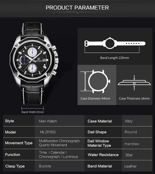 Planet Gates Black Quartz Men Watches Fashion Genuine Leather Chronograph Watch Clock for Gentle Men Male Students Reloj Hombre