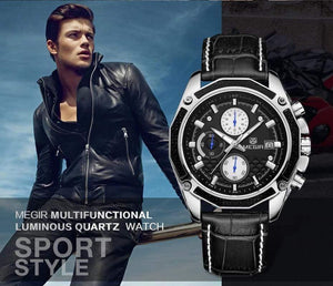 Planet Gates Black Quartz Men Watches Fashion Genuine Leather Chronograph Watch Clock for Gentle Men Male Students Reloj Hombre