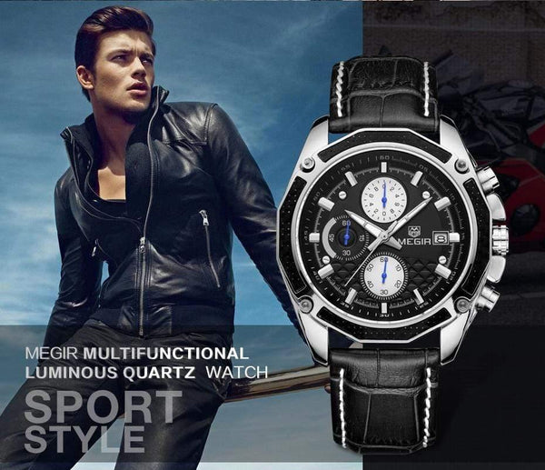 Planet Gates Black Quartz Men Watches Fashion Genuine Leather Chronograph Watch Clock for Gentle Men Male Students Reloj Hombre