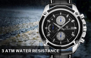 Planet Gates Black Quartz Men Watches Fashion Genuine Leather Chronograph Watch Clock for Gentle Men Male Students Reloj Hombre