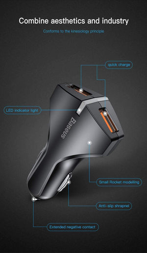 Planet Gates Black Quick Charge 3.0 Dual USB Car Charger 5V3A Turbo Fast Car Charging Mobile Phone Charger For iPhone Xiaomi Car Adapter