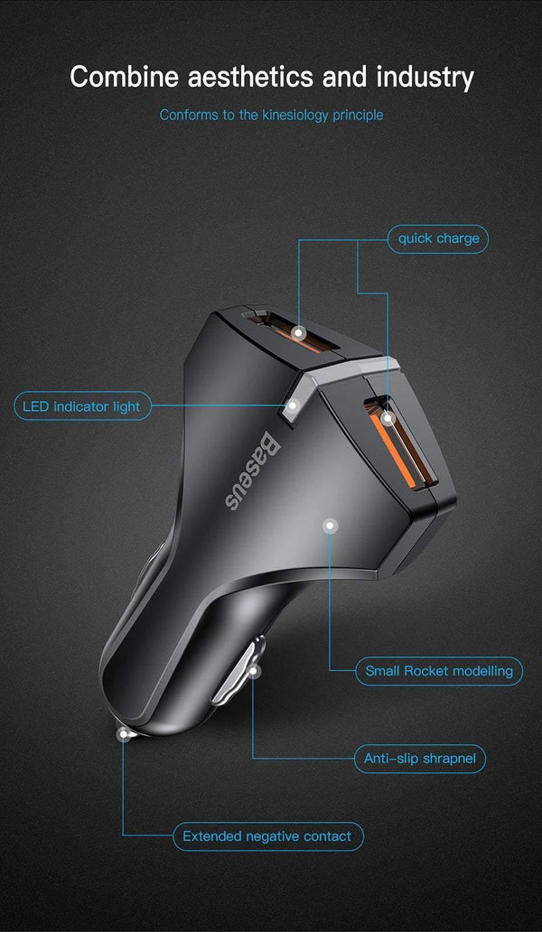 Planet Gates Black Quick Charge 3.0 Dual USB Car Charger 5V3A Turbo Fast Car Charging Mobile Phone Charger For iPhone Xiaomi Car Adapter