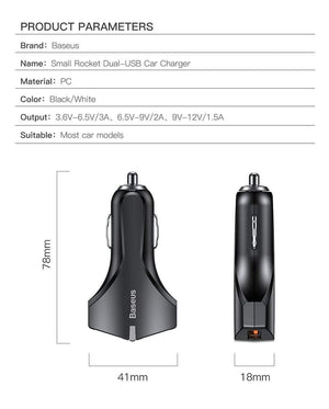 Planet Gates Black Quick Charge 3.0 Dual USB Car Charger 5V3A Turbo Fast Car Charging Mobile Phone Charger For iPhone Xiaomi Car Adapter