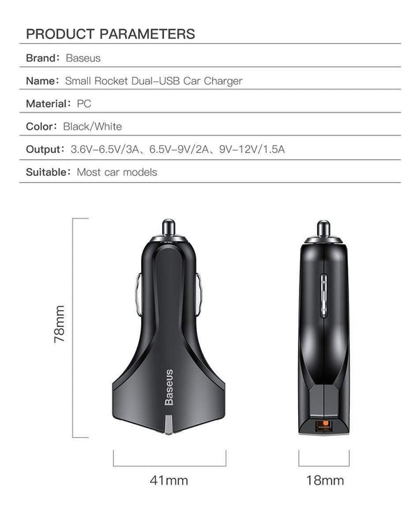 Planet Gates Black Quick Charge 3.0 Dual USB Car Charger 5V3A Turbo Fast Car Charging Mobile Phone Charger For iPhone Xiaomi Car Adapter
