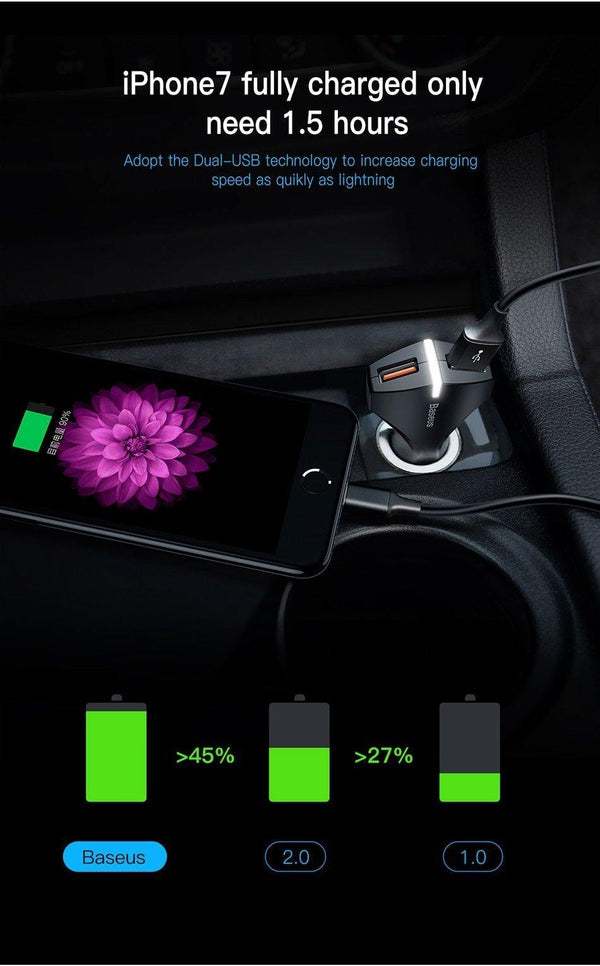 Planet Gates Black Quick Charge 3.0 Dual USB Car Charger 5V3A Turbo Fast Car Charging Mobile Phone Charger For iPhone Xiaomi Car Adapter