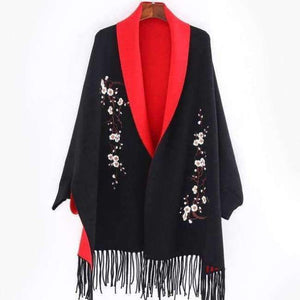Planet Gates Black red / 190cmX65cm Design with sleeve Poncho scarf winter warm  cashmere Embroidery Cape tassel Blanket wrapped scarf shawl For Women