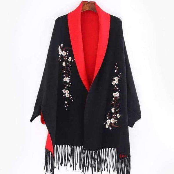 Planet Gates Black red / 190cmX65cm Design with sleeve Poncho scarf winter warm  cashmere Embroidery Cape tassel Blanket wrapped scarf shawl For Women