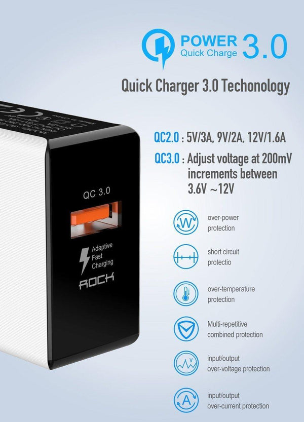 Planet Gates Black ROCK 18W Quick Charge QC 3.0 Phone Charger Travel Wall Adapter QC3.0 FCP Universal For Xiaomi iPhone Samsung Huawei EU Plug