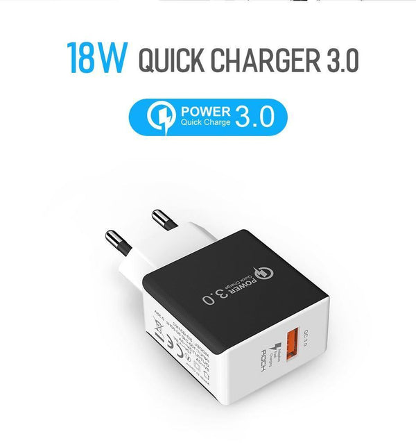 Planet Gates Black ROCK 18W Quick Charge QC 3.0 Phone Charger Travel Wall Adapter QC3.0 FCP Universal For Xiaomi iPhone Samsung Huawei EU Plug