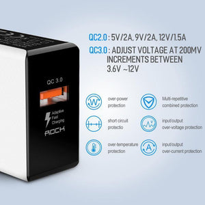Planet Gates Black ROCK 18W Quick Charge QC 3.0 Phone Charger Travel Wall Adapter QC3.0 FCP Universal For Xiaomi iPhone Samsung Huawei EU Plug