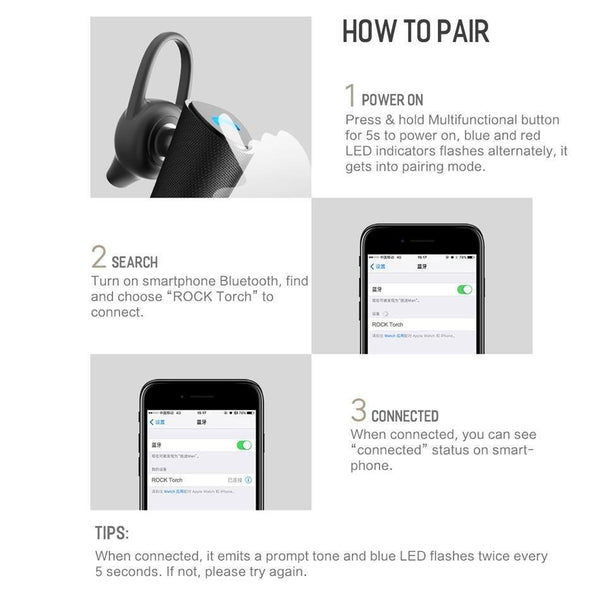 Planet Gates black ROCK Bluetooth 4.2 Wireless Earphone, Torch Series In-Ear with Microphone HiFi Bluetooth Earphone