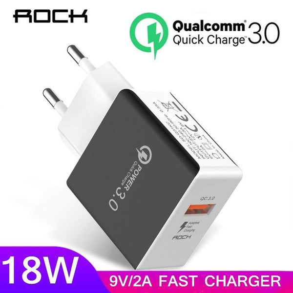 Planet Gates Black ROCK QC 3.0 USB Quick Phone Charger Travel Wall Adapter 18W QC3.0 FCP Universal For Xiaomi iPhone Samsung Huawei EU Plug