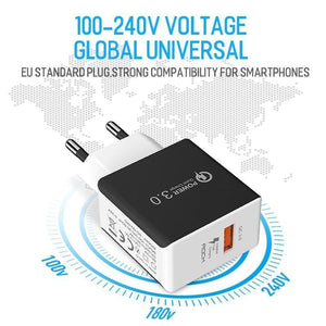 Planet Gates Black ROCK QC 3.0 USB Quick Phone Charger Travel Wall Adapter 18W QC3.0 FCP Universal For Xiaomi iPhone Samsung Huawei EU Plug