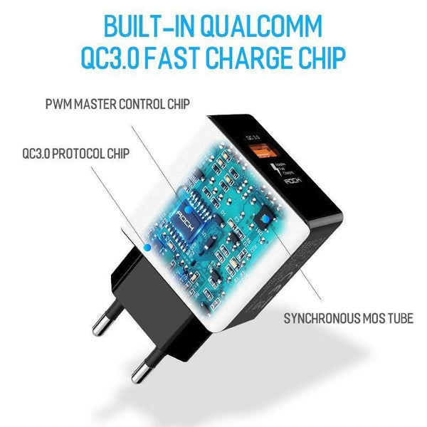 Planet Gates Black ROCK QC 3.0 USB Quick Phone Charger Travel Wall Adapter 18W QC3.0 FCP Universal For Xiaomi iPhone Samsung Huawei EU Plug