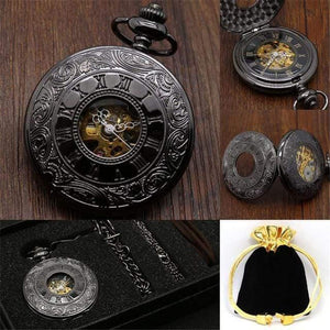 Planet Gates Black Roman Numerals Mechanical Pocket Watch Set Luxury Pendant Watch for Men Men with Pocket & Necklace Chain Pouch Bag