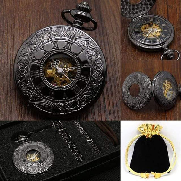Planet Gates Black Roman Numerals Mechanical Pocket Watch Set Luxury Pendant Watch for Men Men with Pocket & Necklace Chain Pouch Bag