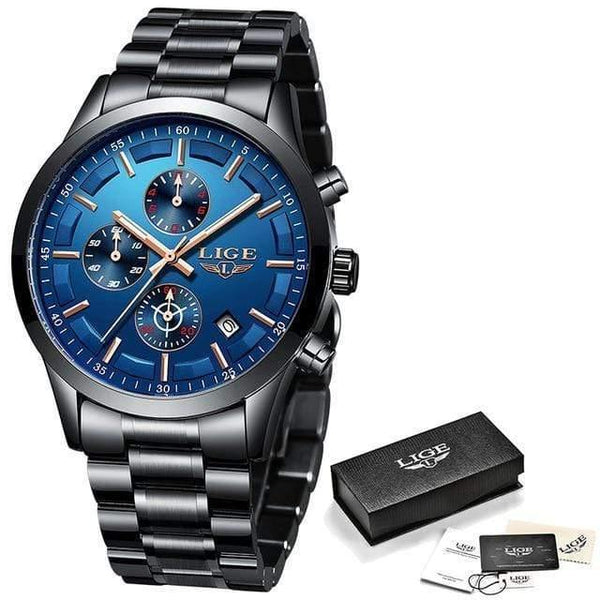 Planet Gates Black Rose Blue Watch Men Top Brand Luxury Chronograph Male Sport Watch Quartz Clock Stainless Steel Waterproof Men Watch Relogio Masculino