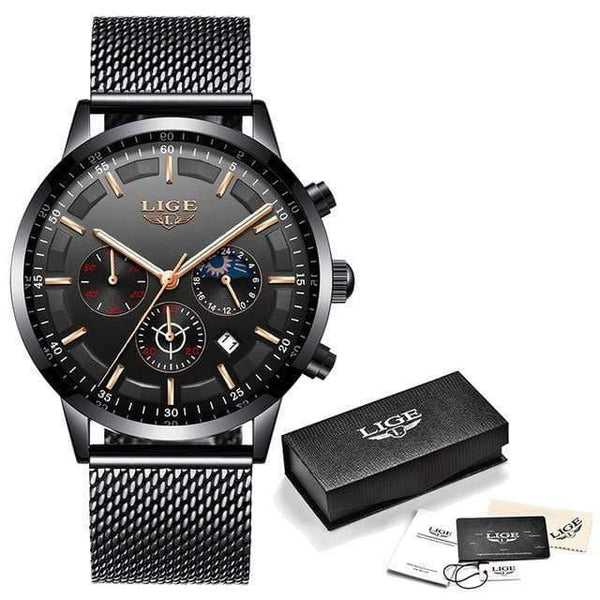 Planet Gates black rose gold M Mens Watches Top Brand Luxury Casual Quartz Wristwatch Men Fashion Stainless Steel Waterproof Sport Chronograph+Box