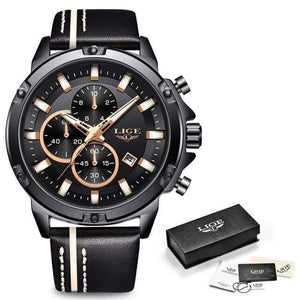 Planet Gates Black Rose Gold Men Watches Fashion Chronograph Male Top Brand Luxury Quartz Watch Men Leather Waterproof Sport Watch Relogio Masculino