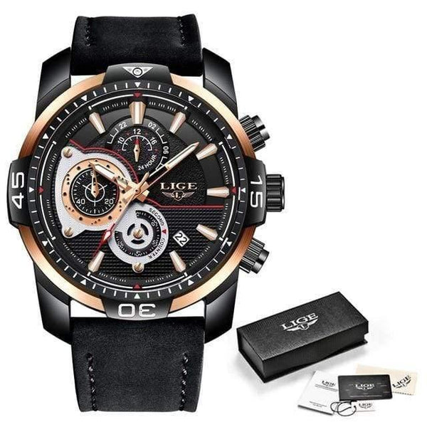 Planet Gates Black rose gold Mens Watches Top Brand Luxury Casual Leather Quartz Clock Male Sport Waterproof Watch Gold Watch Men Relogio Masculino