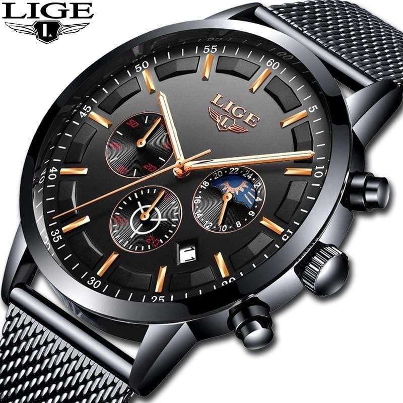 Planet Gates black rose gold Mens Watches Top Brand Luxury Casual Quartz Wristwatch Men Fashion Stainless Steel Waterproof Sport Chronograph+Box