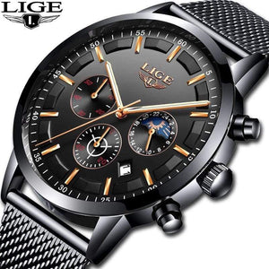 Planet Gates black rose gold Mens Watches Top Brand Luxury Casual Quartz Wristwatch Men Fashion Stainless Steel Waterproof Sport Chronograph+Box